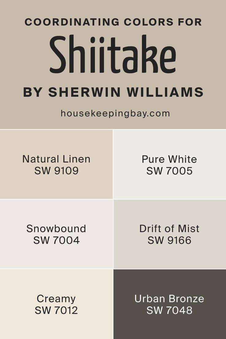 Shiitake SW 9173 by Sherwin Williams - Coordinating Colors Sw Crisp Linen, Natural Linen Color Palette, Urban Bronze Color Palette, Sw Shiitake, Sw Creamy, Drift Of Mist, Bronze Color Palette, Urban Bronze, Balanced Beige