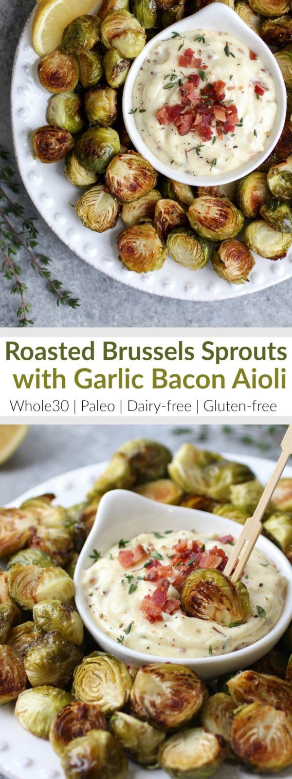 roasted brussel sprouts with garlic bacon aioli on a platter