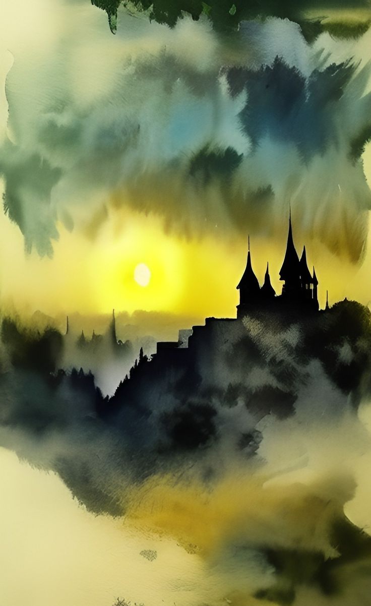 an artistic painting of a castle in the sky with clouds and sun behind it,