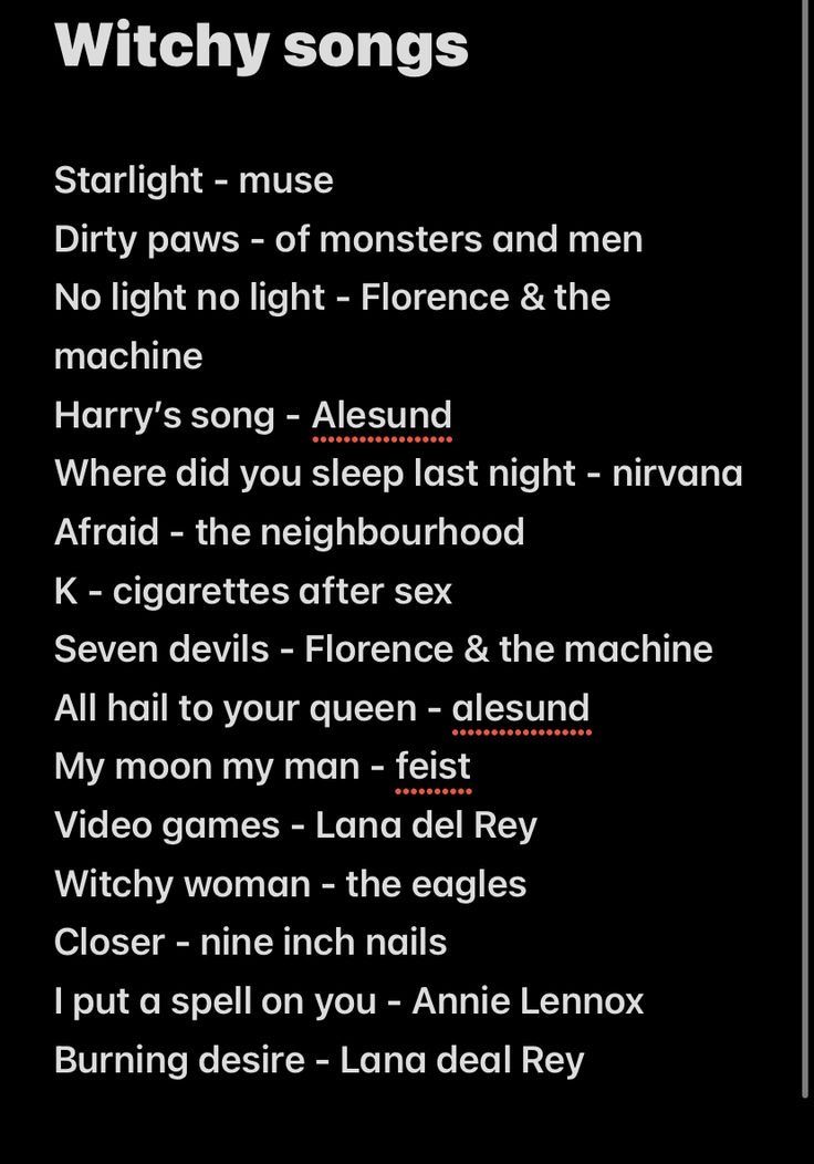 an image of the words witchy songs in black and white on a dark background