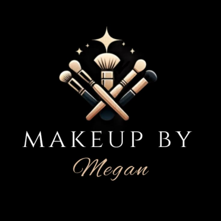 makeup by megan logo with brushes and stars on the side, in black background