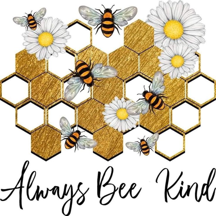 bees and daisies on honeycombs with the words always bee kind written below