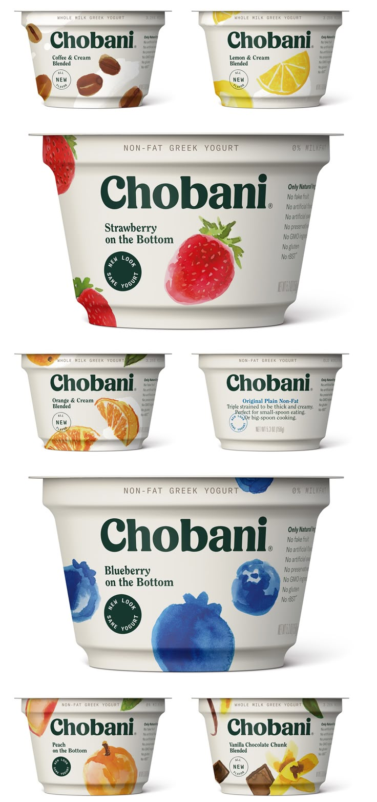 six cups of yogurt with different toppings on them, all labeled in the same