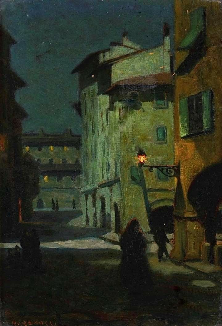 a painting of people walking down a street at night