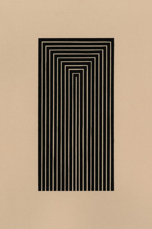 an abstract black and white painting with vertical lines in the center on a beige background