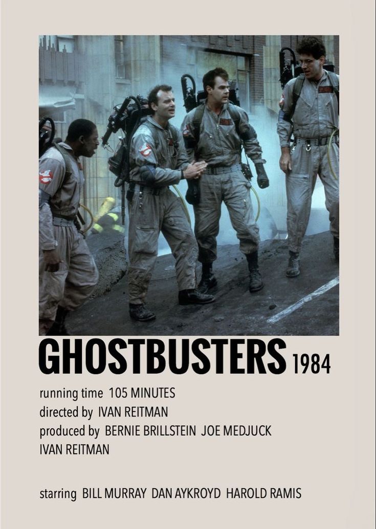 an advertisement for the movie ghostbusters, featuring three men in uniform talking to each other