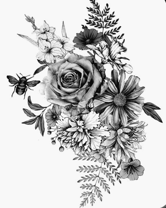 a black and white drawing of flowers on a white background with a bee flying by