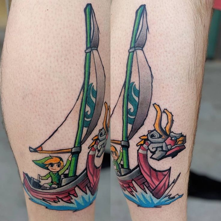 two cartoon tattoos on the legs of people with different colors and shapes, one has a boat