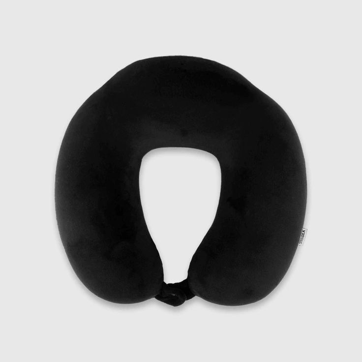 an inflatable travel pillow with a black handle on a gray background, showing the shape of a question mark