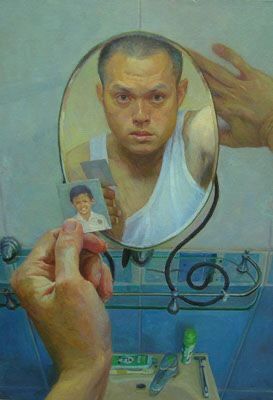 a painting of a man's reflection in a mirror with his hands on the sink