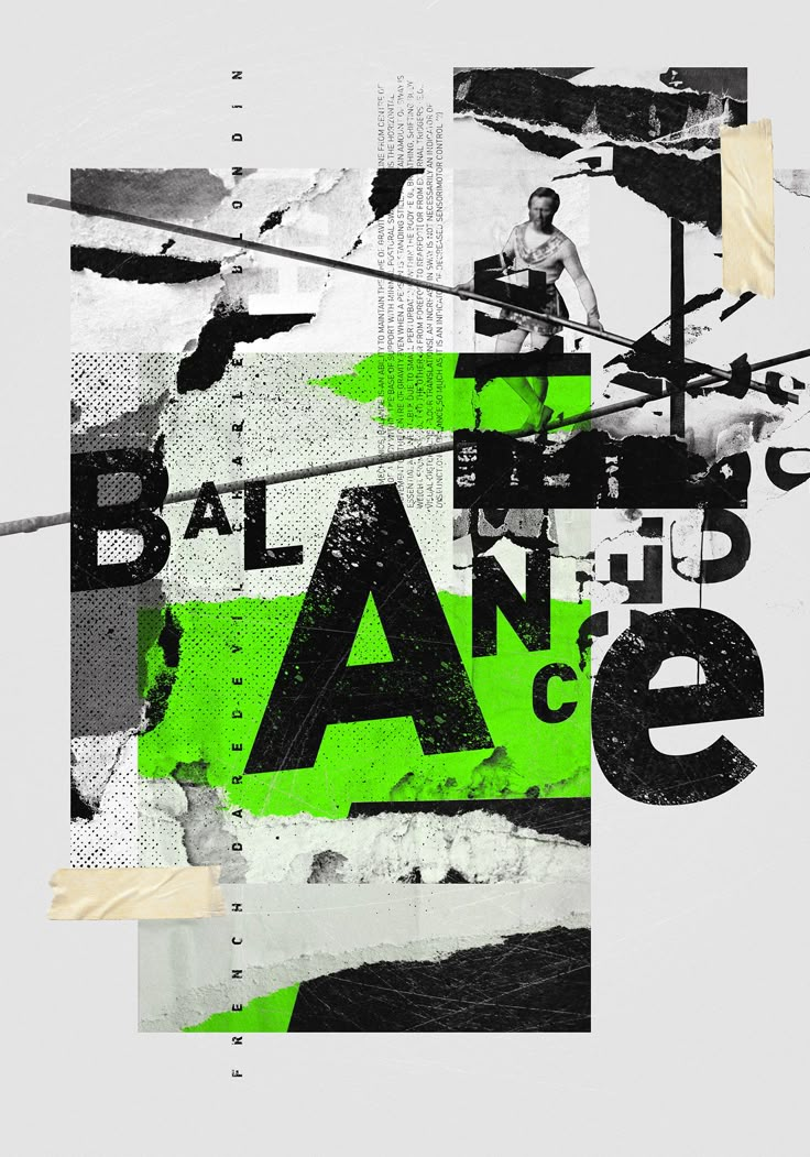 an abstract poster with the words balance in black, green and white letters on it