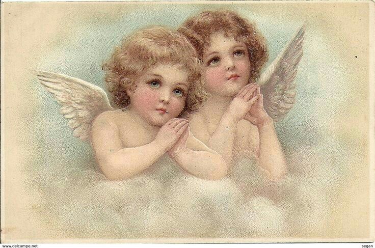 two cherubs with hands together in the clouds