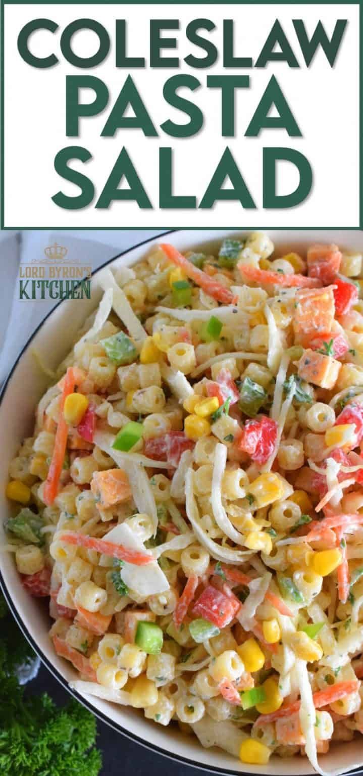 this coleslaw pasta salad is loaded with vegetables, cheese and dressing it's ready to be eaten