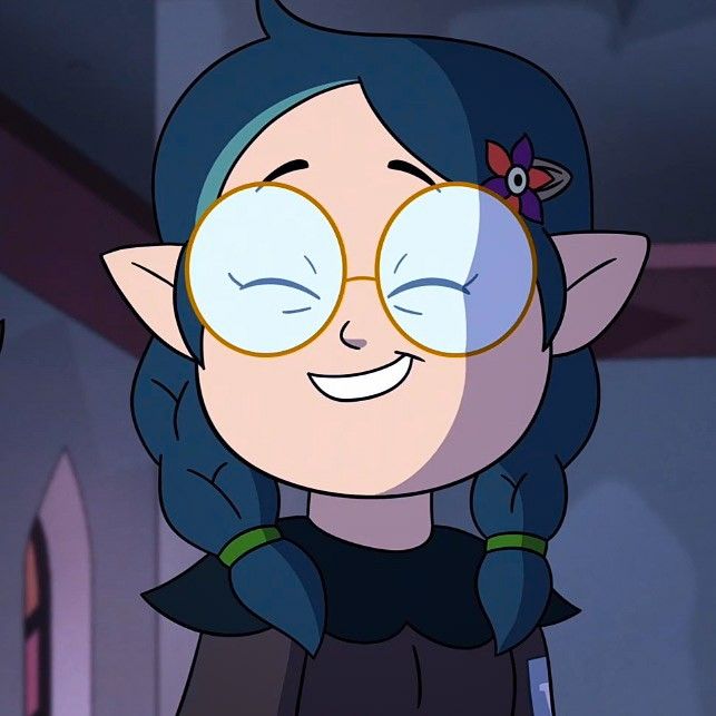 an animated image of a woman with glasses and a cat on her head, smiling