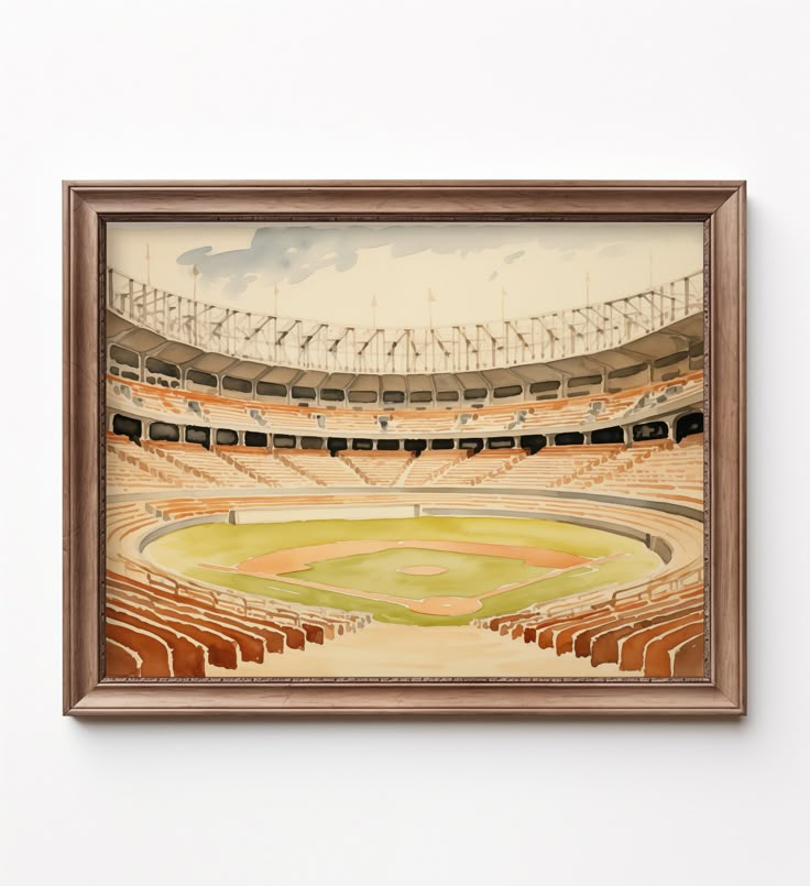 a baseball stadium with an empty field in the middle is framed by a wooden frame