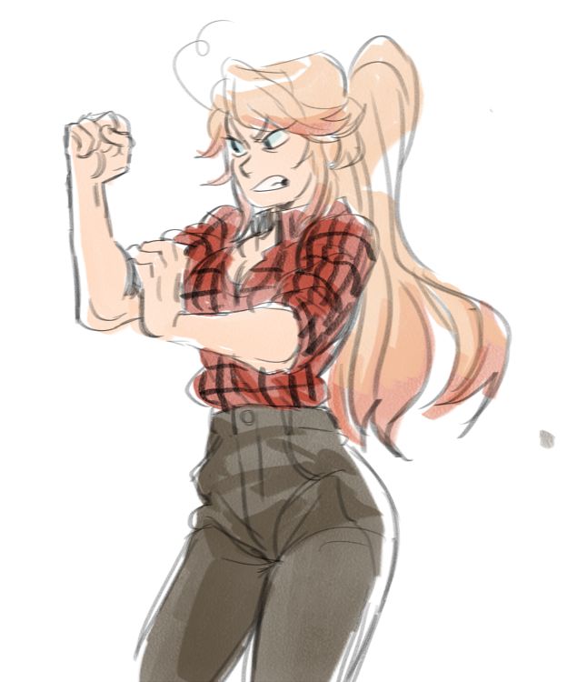 a drawing of a woman in plaid shirt and jeans with her arms crossed, looking to the side