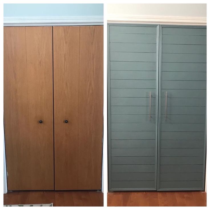 two pictures side by side showing the same closet door, and one with wood paneling