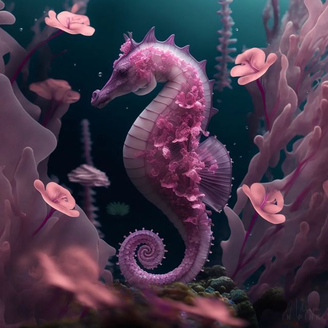 a pink sea horse is surrounded by corals and other marine life in the ocean