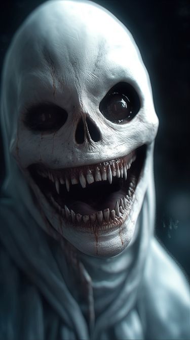 a creepy looking skeleton with big teeth and no head wearing a white hoodie is smiling at the camera