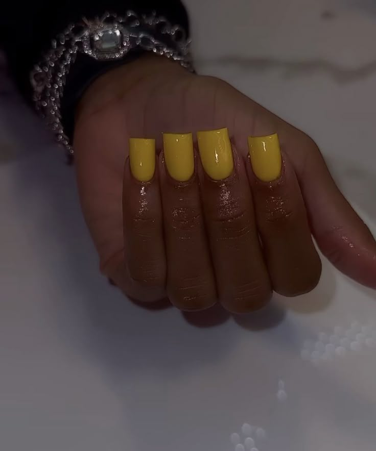 All Yellow Nails, Cute Basic Nail Sets, Nail Inspo Yellow Pastel, Yellow Color Nail Design, Simple Nail Designs Yellow, Yellow Nails With Charms, Solid Yellow Nails, Short Gel Nails Yellow, Short Square Acrylic Nails Yellow