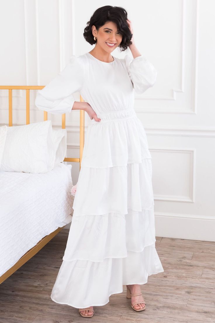 White Church Dresses, Church Dress Outfit, Neesees Dresses, Temple Dress, Tiered Ruffle Skirt, Church Dresses, Full Length Dress, Church Outfits, Ruffle Skirt