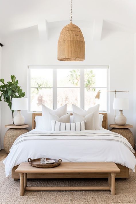 a bed with white linens and pillows in a bedroom next to a large window