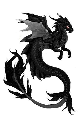 a black and white drawing of a dragon with red eyes on it's head