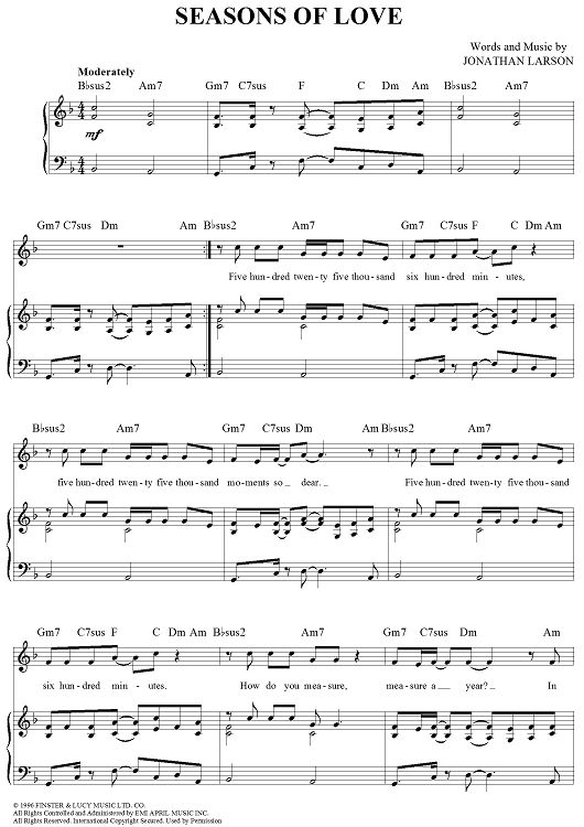 sheet music with the words seasons of love