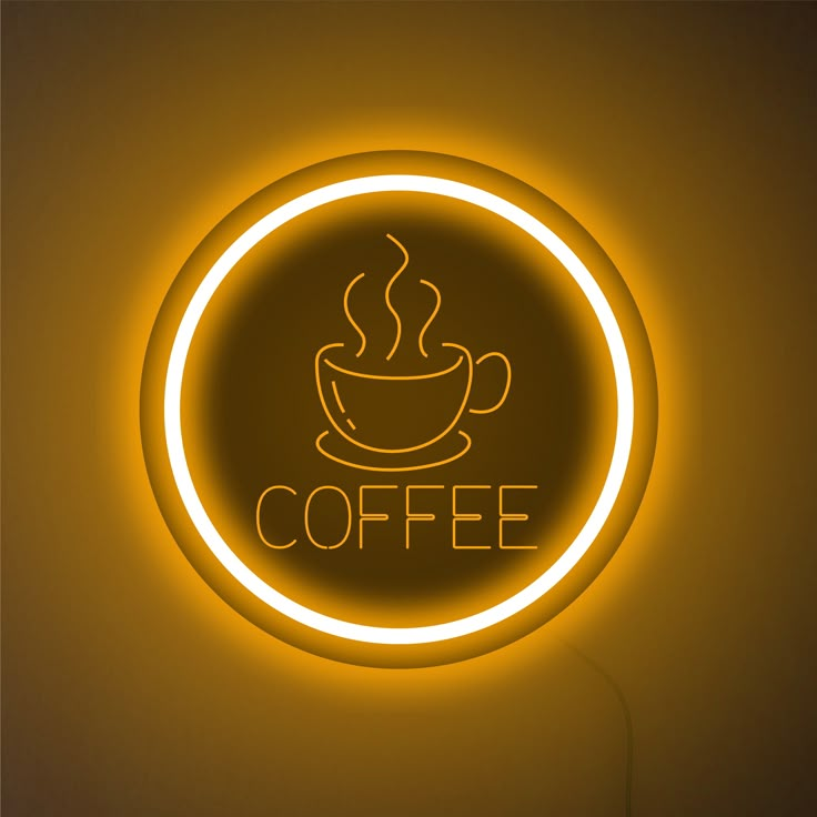 a neon sign with a coffee cup on it's side and the word coffee written below