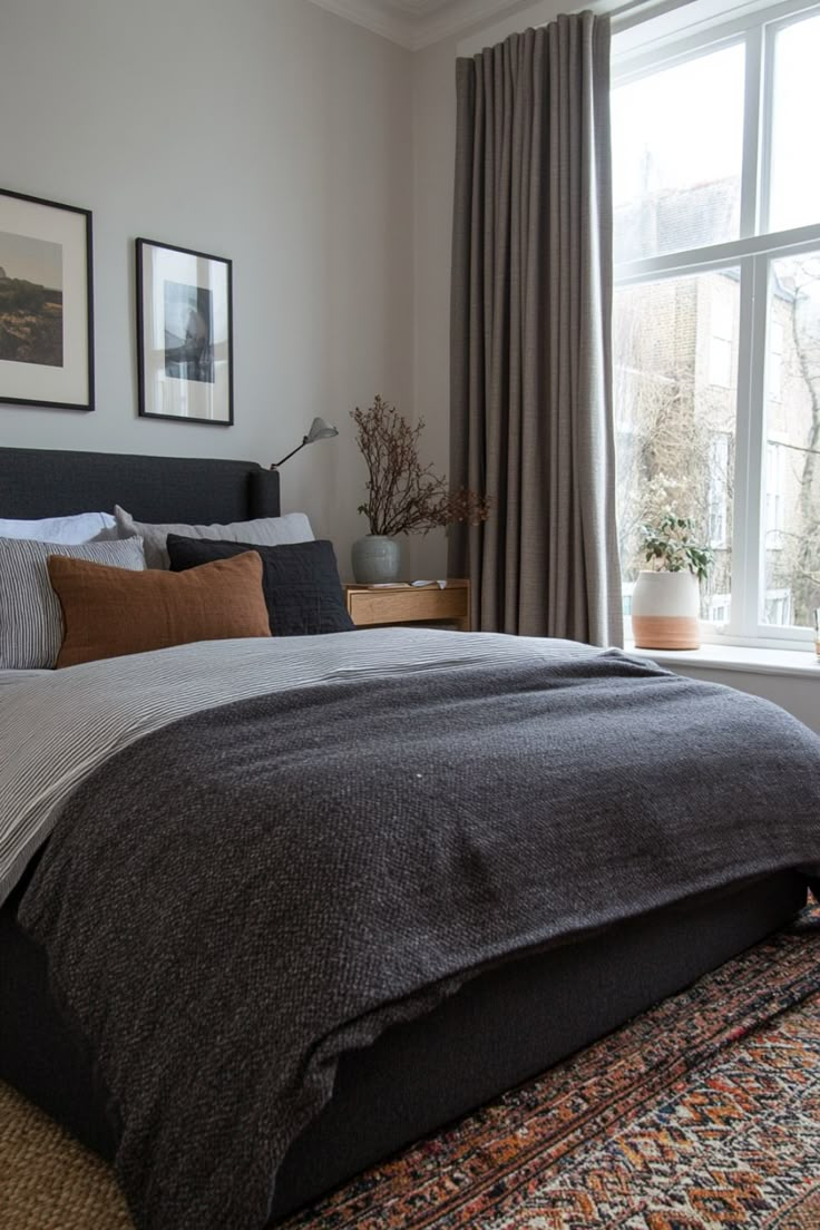 a bedroom with a large bed and two pictures hanging on the wall next to it