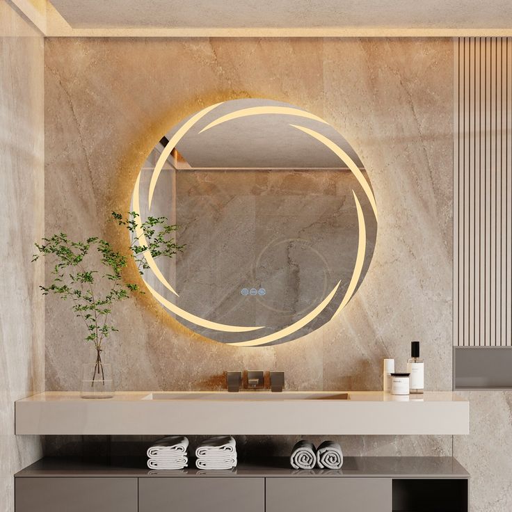 a bathroom with a round mirror on the wall