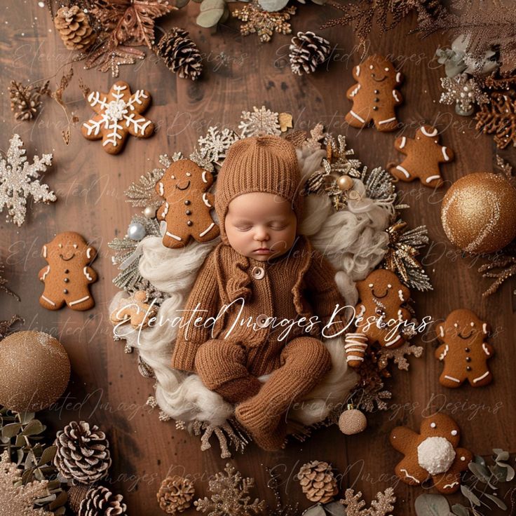 a baby in a brown outfit surrounded by christmas decorations