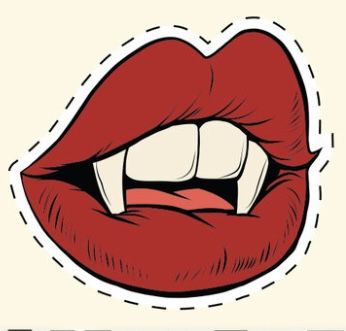 a red lips with white teeth on a beige background