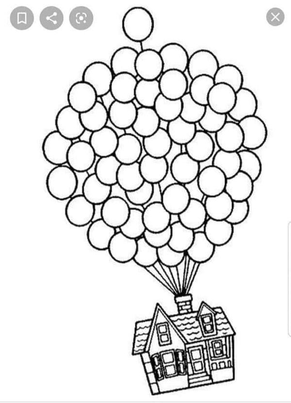 a drawing of a house with balloons in the air and an image of a balloon floating over it