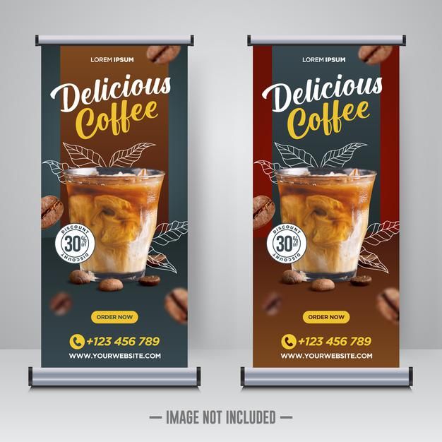 two roll up banners with coffee and almonds on the front, one is for delicious coffee