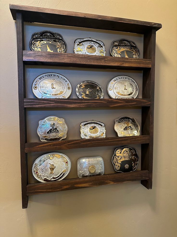 Diy Buckle Display, Buckle Display Ideas, Buckle Rack, Award Shelves, Buckle Display Case, Belt Buckle Display, Buckle Display, Country Room, Country Western Decor