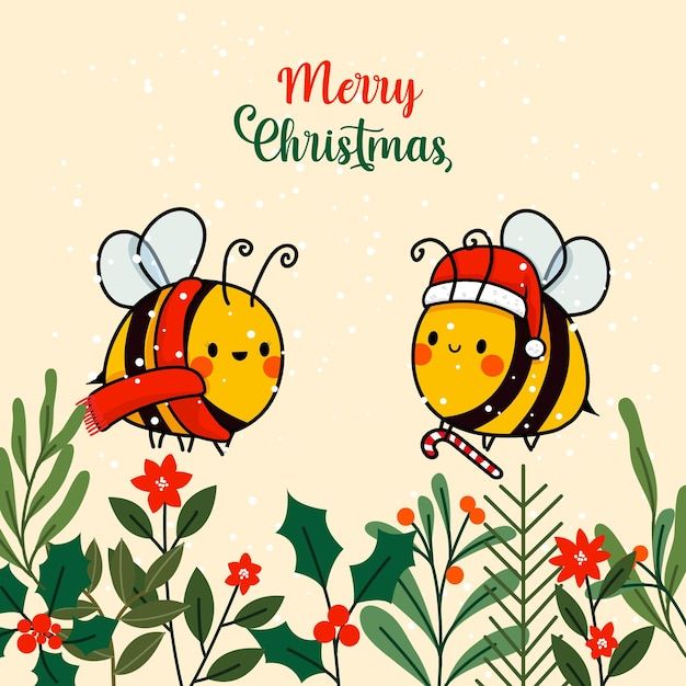 merry christmas card with two bees flying in the air