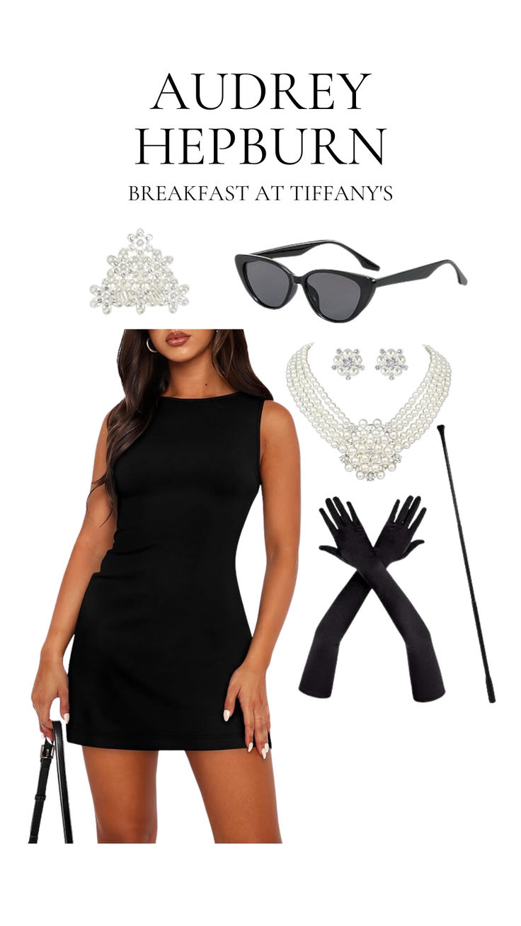 a woman in a short black dress and sunglasses with accessories for her headpieces