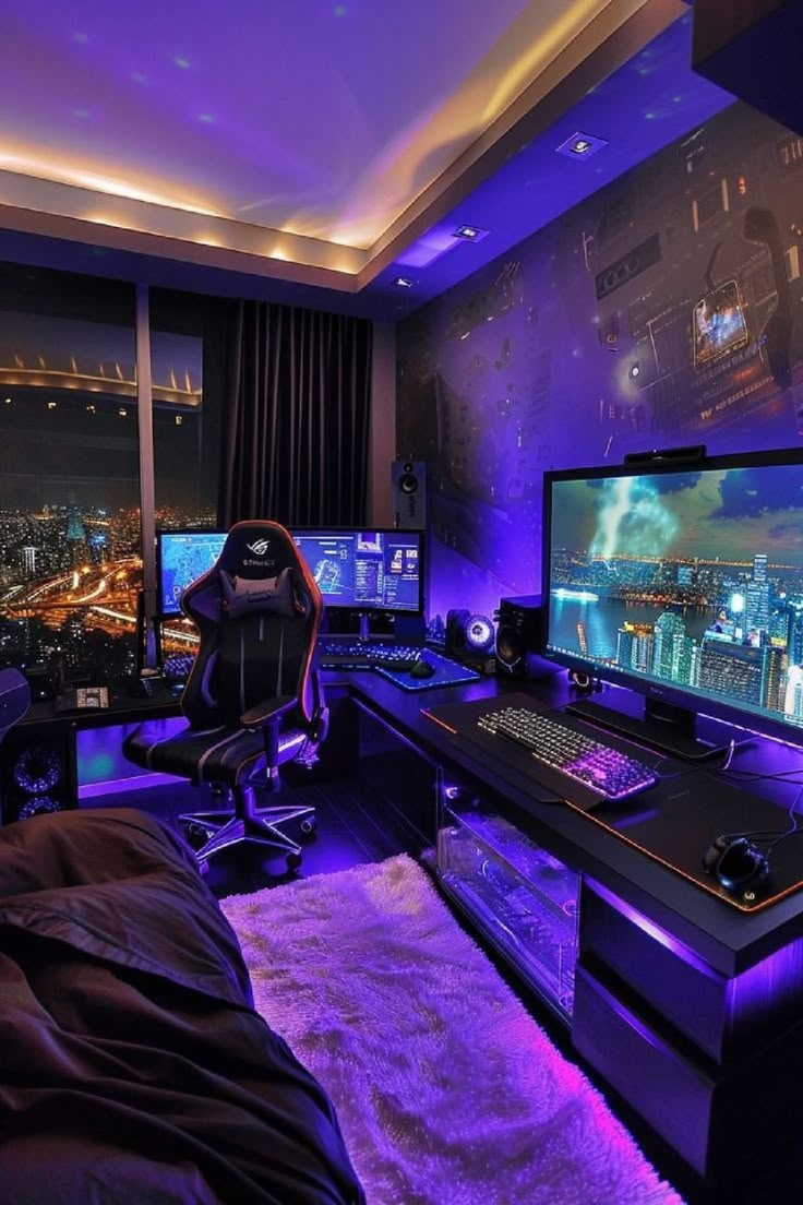 a bedroom with two computer monitors and a gaming chair in front of the desk is lit up by purple lighting