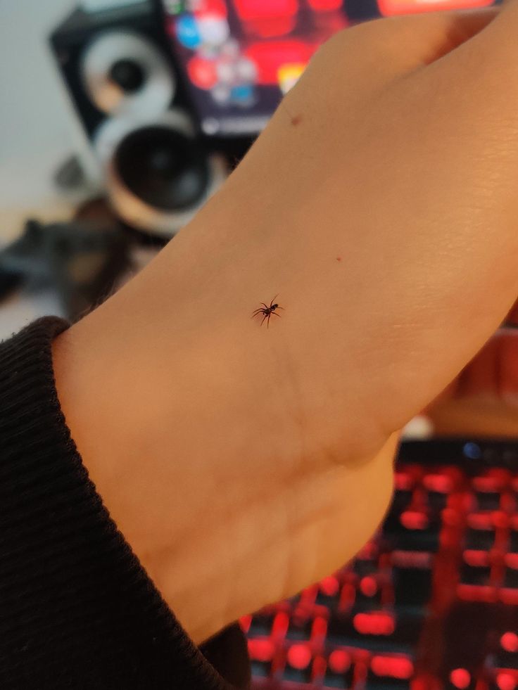 a tiny spider crawling on the side of a person's arm, with red lights in the background