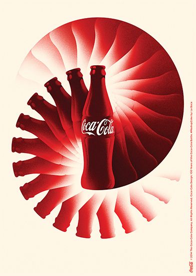 two coca cola bottles sitting on top of a red and white spiral design with the word coke in it