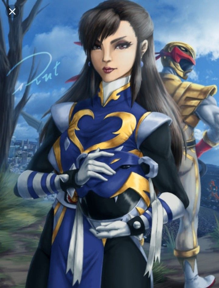 an anime character with long black hair and blue outfit standing next to another character in the background