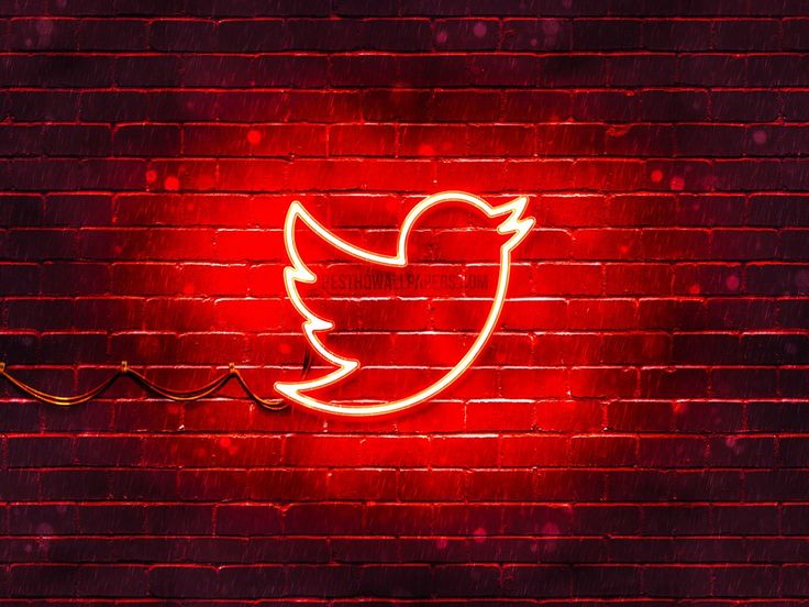 a red neon sign that is on the side of a brick wall with a white twitter logo