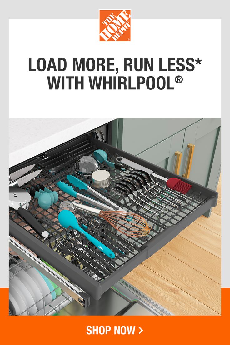 an open dishwasher with tools in it and the words load more, run less with whirlpool