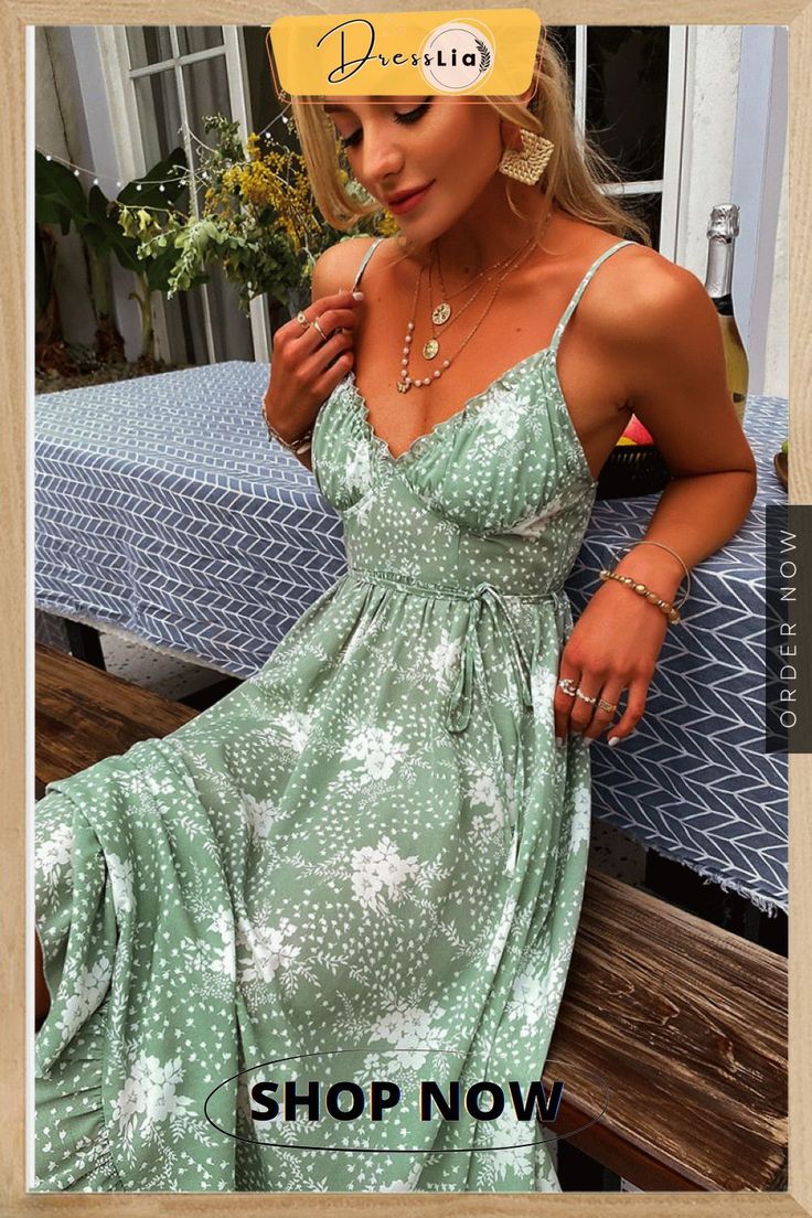 Casual Green Sling Print Women Dress Summer Sexy V-neck Holiday Style Maxi Dress Elegant High-waist Lace-up Ruffle Dress Maxi Dress Elegant, Holiday Style, Style Maxi Dress, Dress Elegant, Dress Summer, Body Size, Women Dress, Holiday Fashion, Summer Dresses For Women