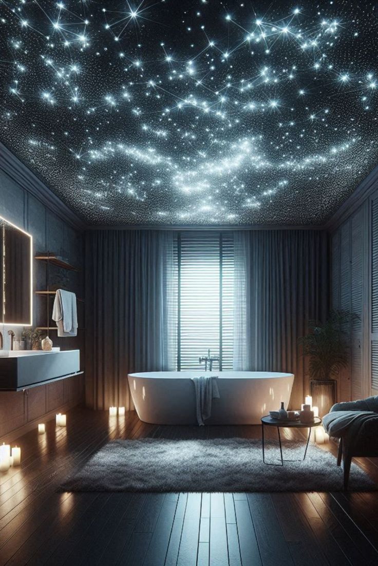 a bathroom with stars on the ceiling and lights in the bathtub, along with candles