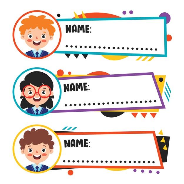 three children's name tags with different faces