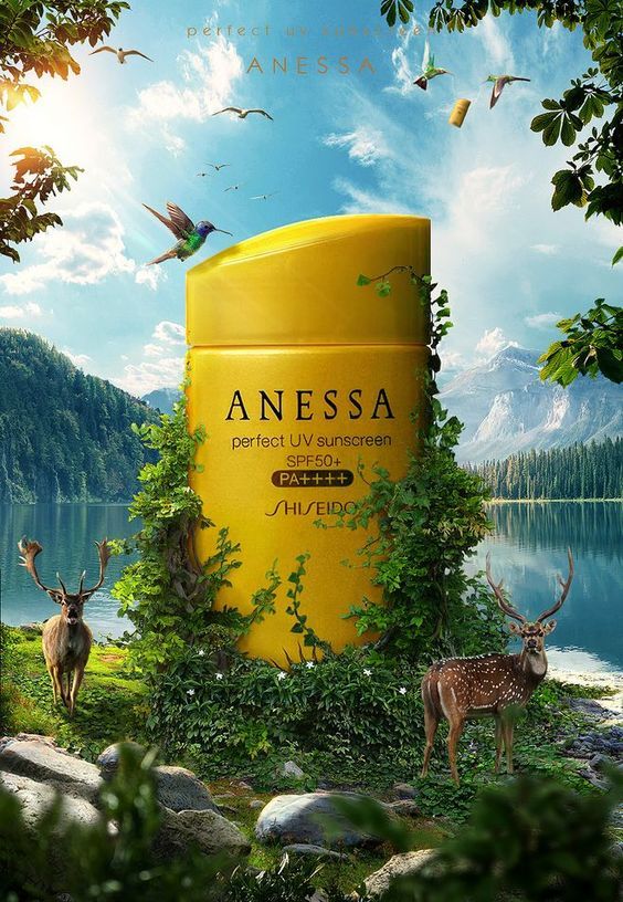 an advertisement with deer and birds in front of a large yellow barrel on the side of a lake