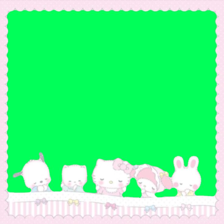 an image of hello kitty and other animals on a green background with pink border around the edges