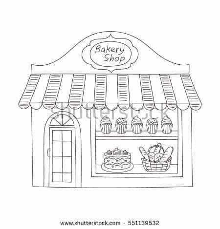 a bakery shop with cakes and cupcakes in the window line drawing on white background